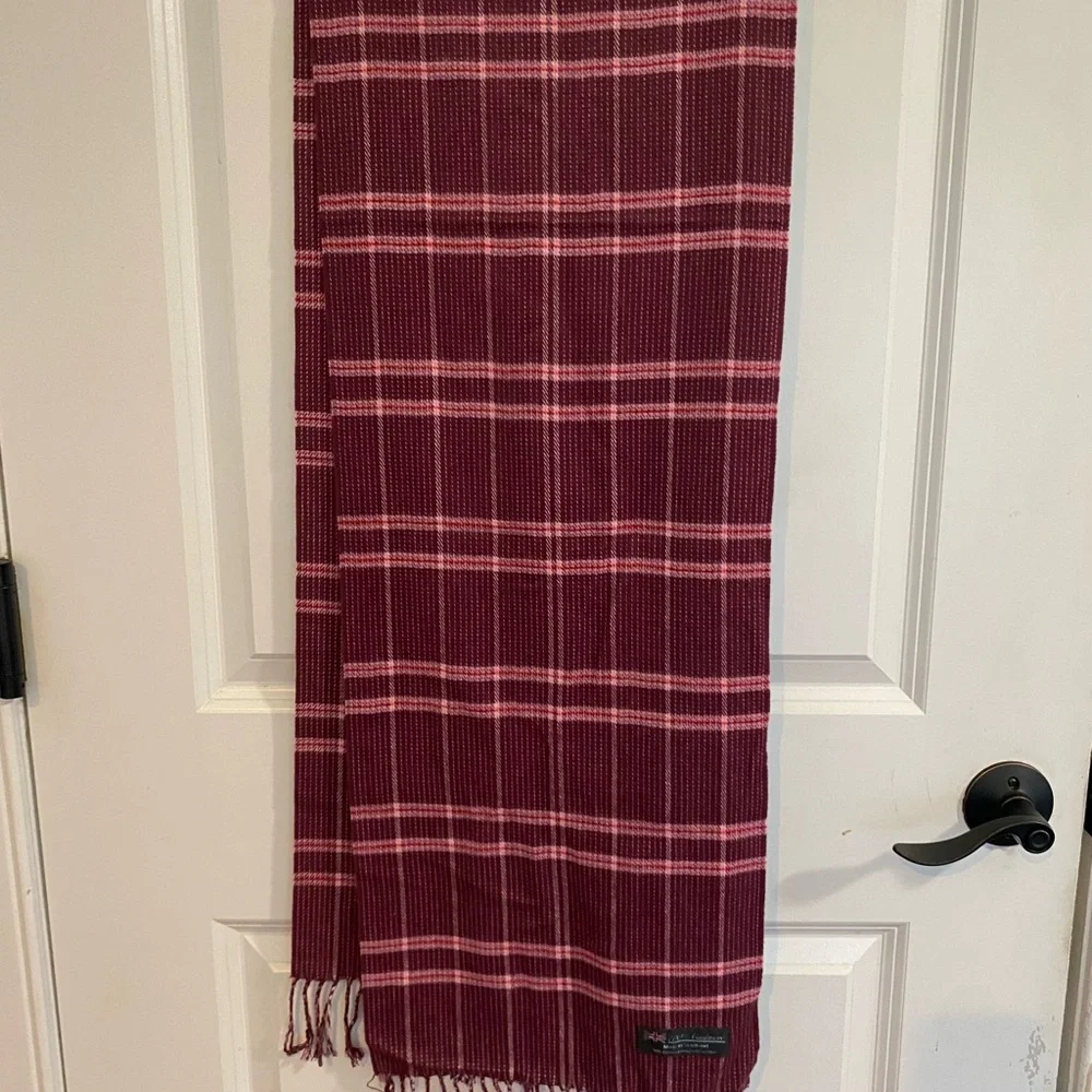 100% Cashmere Made in Scotland Plaid Burgundy and Pink Scarf